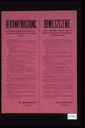Bekanntmachung uber Beschlagnahme, Bestandsanmeldung und Verkehr von Werkzeugmaschinen, sowie elektrischen Apparaten. ... Obwieszczenie .... Warszawa, d.16. pazdziernika 1916 r. Jeneral Gubernator v. Beseler