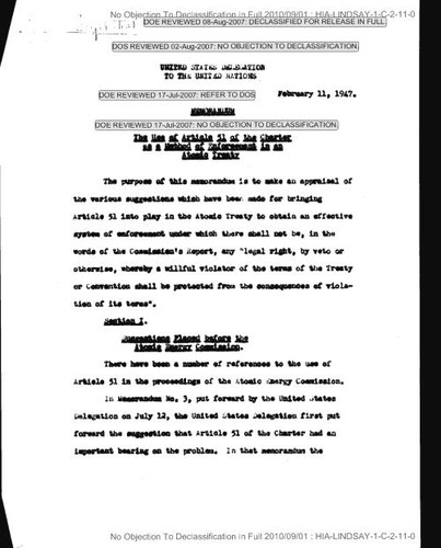 Charles P. Noyes memo on the use of Article 51 of the Charter as a method of enforcement in an atomic treaty