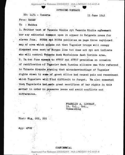 Franklin A. Lindsay and Raran message to Maddox number 1471 regarding Trieste and Venezia Giulia