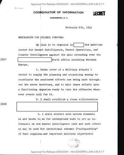 Robert A. Solborg memo to William J. Donovan regarding plan for underground work against the Axis in North Africa and Western Europe