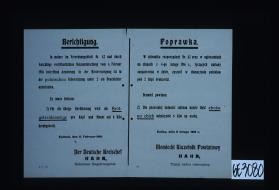 Berichtigung. Im meiner Verordnungsblatt Nr. 42 ... ist in der polnischen Ubersetzung ... ein Druckfehler unterlaufen. ... Kalisch, den 17. Februar 1916. ... Poprawka ... Niemiecki Naczelnik Powiatowy, Hahn, Tajny radca rejencyjny