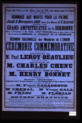 Hommage aux morts pour la patrie, jeudi 2 novembre 1916 ... a 3 heures dans le grand aphitheatre de la Sorbonne