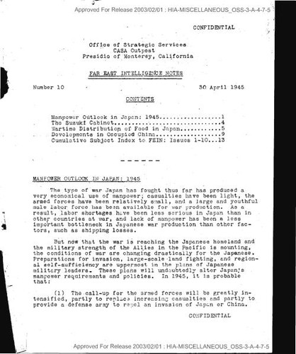 Far East intelligence notes, number 10