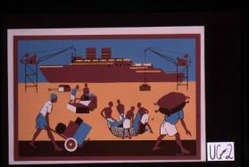 Poster depicting workers loading cargo on a ship