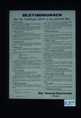 Bestimmungen uber den freiwilligen Eintritt in das polnische Heer. ... Warschau, den 12. November 1916. ... Beseler