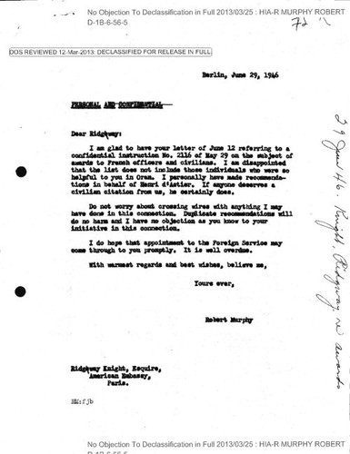 Robert Murphy letter to Ridgway Knight regarding awards to French officers and civilians, with attachments