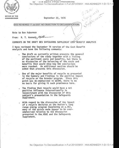 R. T. Kennedy comments on the draft DES safeguards supplement cost benefit analysis, with attachments