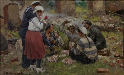 Ivan Vladimirov oil on panel scene of Russian sailors and women playing cards