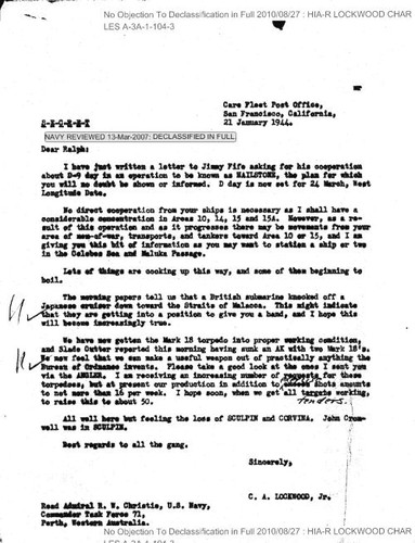 C. A. Lockwood letter to Rear Admiral R. W. Christie