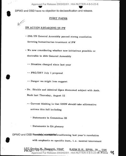Gordon M. Haggard and H. H. Epes Jr. point paper on UN action regarding U.S. PW