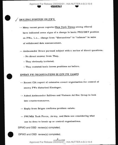 Point paper on DRV/PRG position on POWs and enemy PW organizations in GVN POW camps