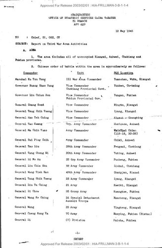 Paul W. Frillman memo to Chief, SI, OSS, CT regarding Third War Area activities