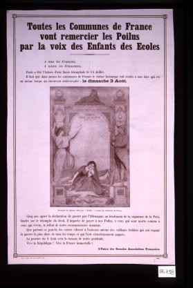 Toutes les communes de France vont remercier les poilus par la voix des enfants des ecoles ... Cinq ans apres la declaration de guerre par l'Allemagne, au lendemain de la signature de la paix ... il importe de payer a nos poilus ... le tribut de notre reconnaissance ... La journee du 3 aout sera la rancon de notre gratitude