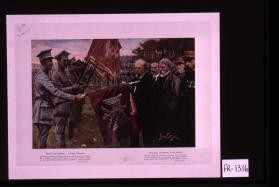 Remise des drapeaux a l'armee polonaise. Raymond Poincare, president de la republique francaise, decore le drapeau des volontaires polonais de 1914, apres la remise des drapeaux offerts par les villes de Paris, Belfort, Nancy et Verdun a l'armee polonaise