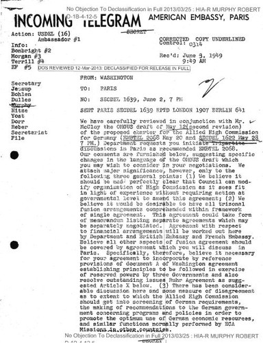 Dispatch from Washington to American Embassy, Paris SECDEL 1639