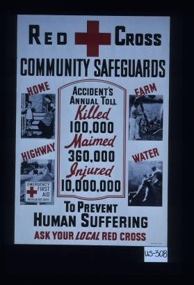 Red Cross community safeguards. Accident's annual toll killed 100,000, maimed 360,000, injured 10,000,000. To prevent human suffering, ask your local Red Cross