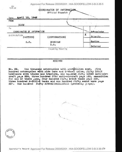 Eddy dispatch to Coordinator of Information number 29 regarding equipment