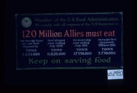 Member of U.S. Food Administration. We comply with all requests of the U.S. Government. 120 million Allies must eat ... Year ending July 14, 1918: tons 11,820,000. Must ship ... Increase food shipments 1919 over 1918: tons 5,730,000