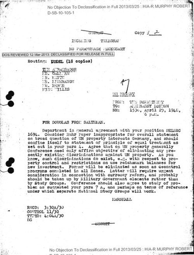 Marshall cable for Douglas from Saltzman regarding Ruhr paper