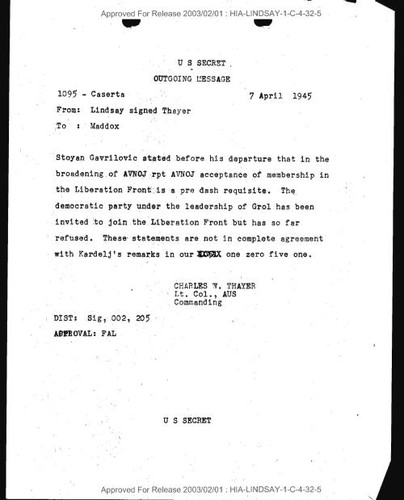 Franklin A. Lindsay signed Charles W. Thayer message to Maddox number 1095 regarding Stoyan Gavrilovic statement
