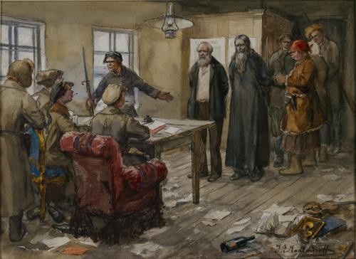 Ivan Vladimirov watercolor of a landlord and a priest condemned to death by a revolutionary tribunal