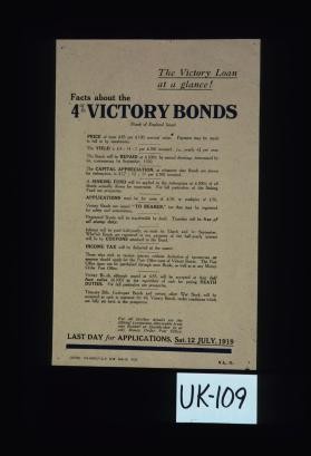 The victory loan at a glance. Facts about the 4% victory bonds (Bank of England issue) ... For all further details see the official prospectus, obtainable from any banker or stockbroker or at any money order post office. Last day for applications, Sat. 12 July 1919