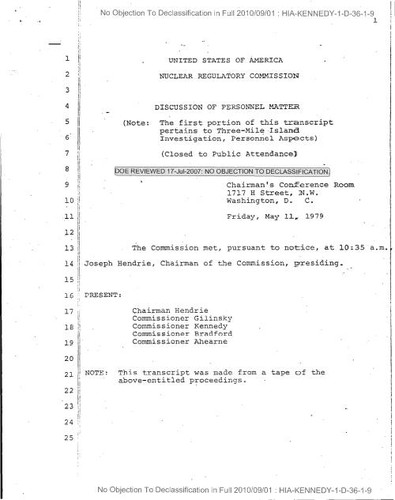 Transcript of discussion of personnel matter (Three Mile Island investigation)