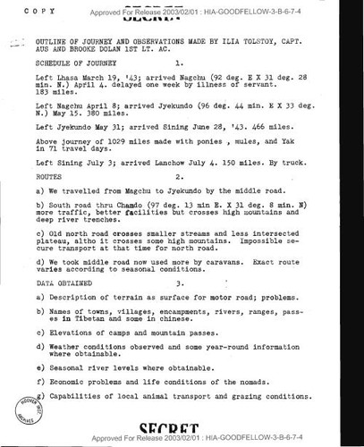 Ilia Tolstoy and Brooke Dolan report outlining journey in Tibet and observations made