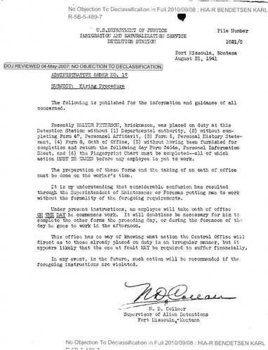 Immigration and Naturalization Service Detention Station, Fort Missoula, Montana, Administrative Order No. 17, Hiring procedure