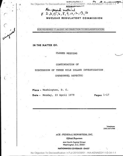 In the matter of closed meeting on the continuation of discussion of Three Mile Island investigation (personnel aspects)