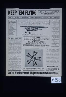 Keep 'em flying. Models by Pennsylvania W.P.A. at cost of materials ... Can you afford to overlook this contribution to national defense?