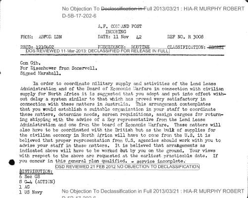 Somervell cable to Eisenhower regarding civilian supply for North Africa