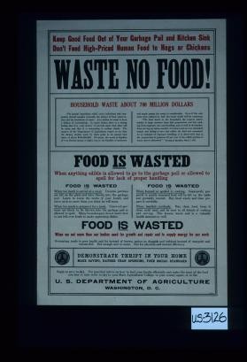 Keep good food out of your garbage pail and kitchen sink; don't feed high-priced human food to hogs or chickens. Waste no food! Household waste about 700 million dollars