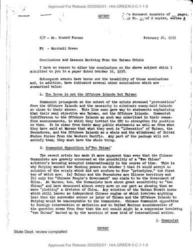 Marshall Green memo to Howard Furnas regarding conclusions and lessons deriving from the Taiwan crisis