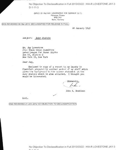 John K. Meskimen letter to Lovestone, with attached report on the trade union statement on the Ruhr Statute