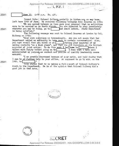 Message regarding Solborg visit and communications with William J. Donovan, with attached note