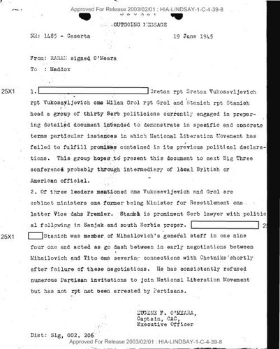 Eugene F. O'Meara and Raran message to Maddox number 1485 regarding Sretan Vukosavljevich
