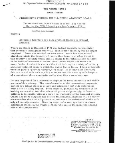 Remarks of Leo Cherne on economic disorders as the greatest dangers to national security