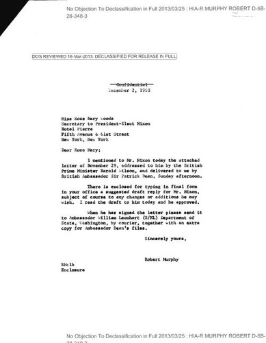 Robert Murphy letter to Rose Mary Woods, secretary to President-Elect Richard Nixon, regarding British Prime Minister Harold Wilson, with attachments