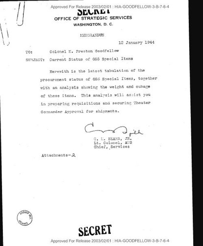 C. M. Sears Jr. memo to M. P. Goodfellow regarding current status of OSS special items, with attached lists