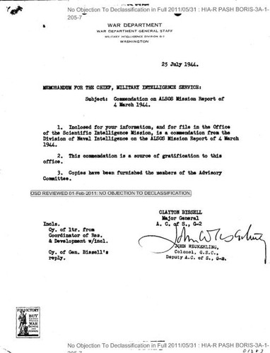 Memo regarding commendation on ALSOS Mission report of 4 March 1944