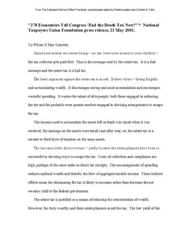 278 Economists Tell Congress "End the Death Tax Now!"