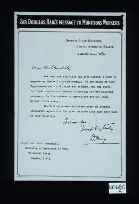Sir Douglas Haig's thanks to munitions workers