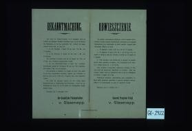 Bekanntmachung. Auf Grund der Polizeiverordnung vom 9. September 1915, den Verkehr mit geistigen Getranken betreffend, setze ich bis auf weiteres den Hochstpreis, um den das gewohnliche Bier verkauft oder ausgeschenkt werden darf, wie folgt fest: ... Warschau, den 14. September 1915. Der Kaiserliche Polizeiprasident v. Glasenapp. ... Obwieszczenie. ... Cesarski Presydent Policji v. Glasenapp
