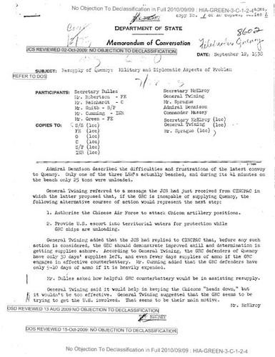 Department of State memorandum of conversation re. resupply of Quemoy