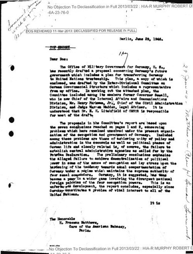 Robert Murphy letter to H. Freeman Matthews, enclosing paper "German Government and World Organization"