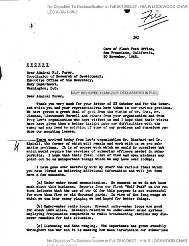 C. A. Lockwood letter to Rear Admiral F. J. Furer