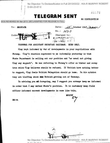 Robert Murphy cable 3430 for Assistant Secretary Saltzman, eyes only, regarding negotiations with Strang