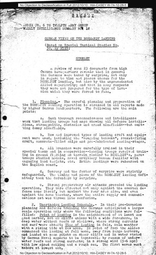 Twelfth Army Group weekly intelligence summary regarding German Views on the Normandy Landing