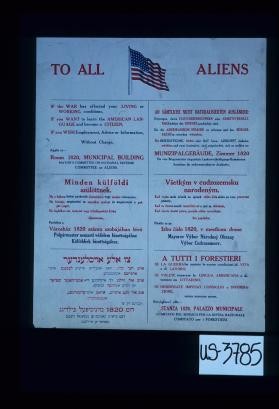 To all aliens. If the war has affected your living or working conditions, if you want to learn the American language and become a citizen, if you wish employment, advice or information, without charge, apply to - Room 182, Municipal building ... An samtliche nicht naturalisierten auslander ... Minden kulfoldi szulottnek ... Vsetkym v cudzozemsku narodenym ... A tutti i forestieri ... [Yiddish text]